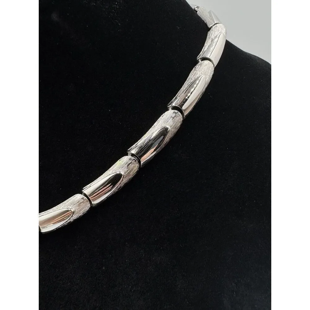 Monet Signed Silver Tone Brushed Polished Vintage Choker Necklace Estate Jewelry